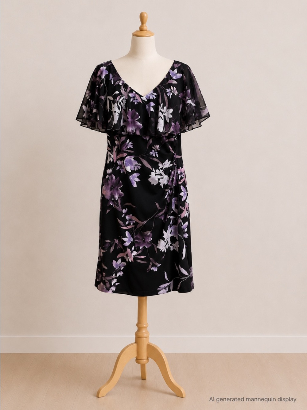 Connected Apparel Purple and White Floral Flutter Sleeve Dress
